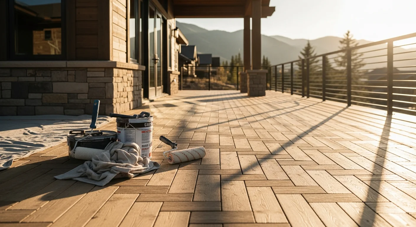 Professional waterproof deck coating installation on residential deck