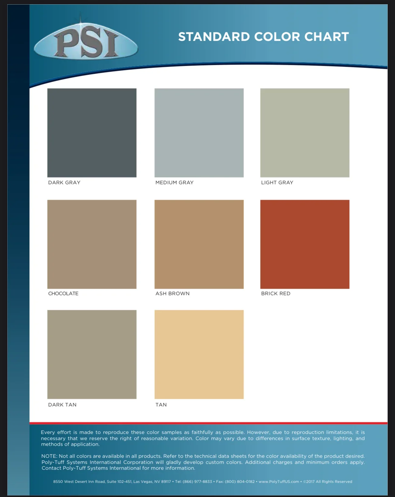 PSI deck coating color chart showing eight color samples: dark gray, medium gray, light gray, chocolate, ash brown, brick red, dark tan, and tan