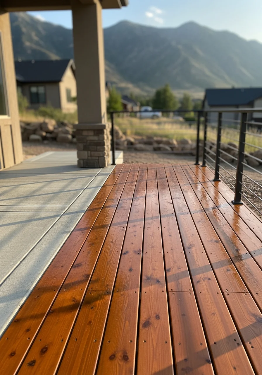 Professional deck coating application on Alpine home patio with mountain backdrop