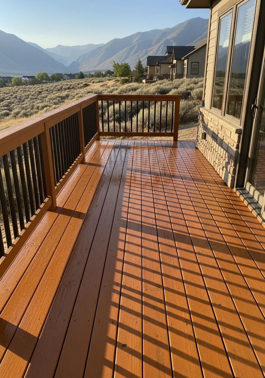 Professional deck coating application on luxury Cottonwood Heights home near canyon access