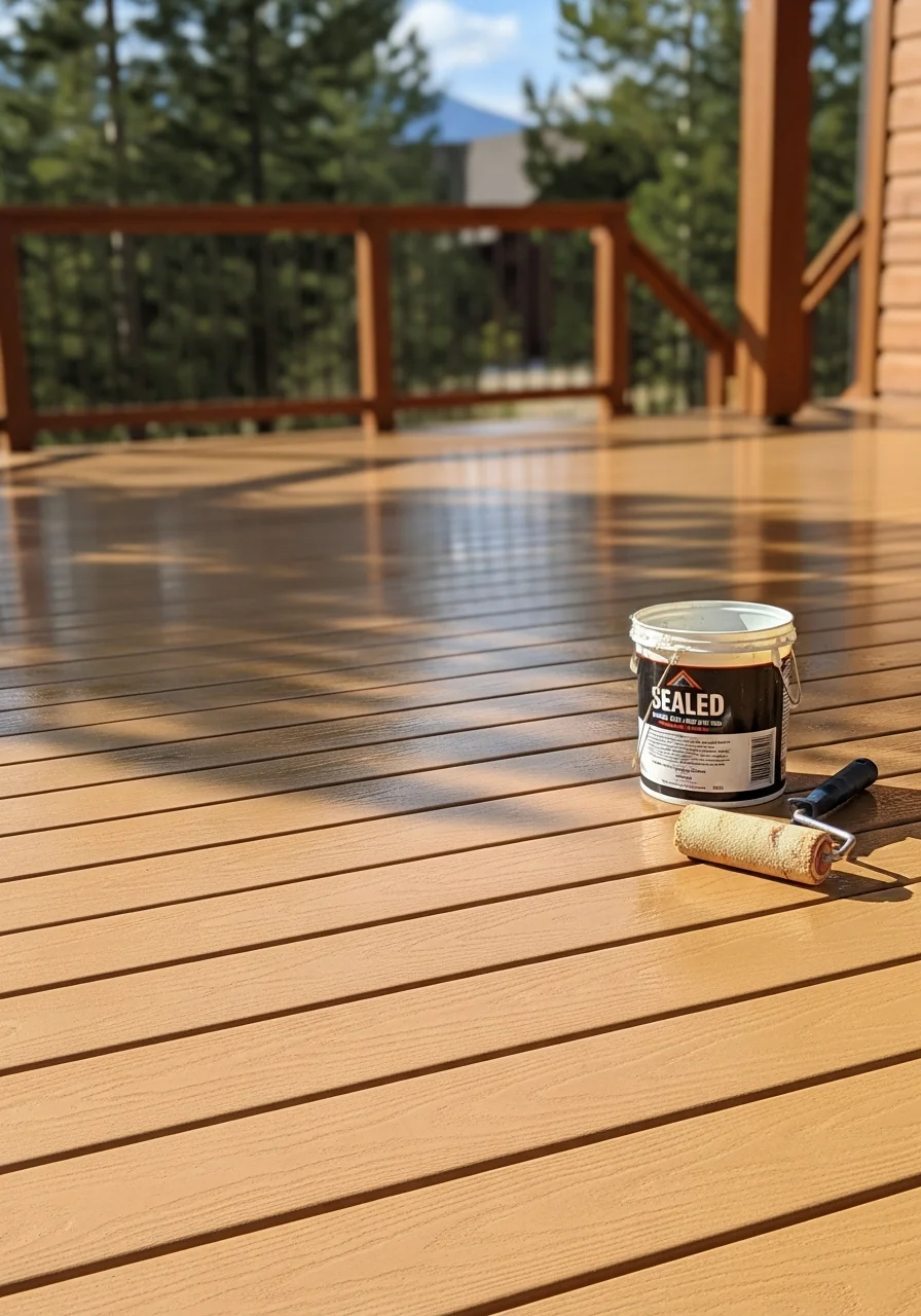 Waterproof deck coating application on mountain home patio in Eden