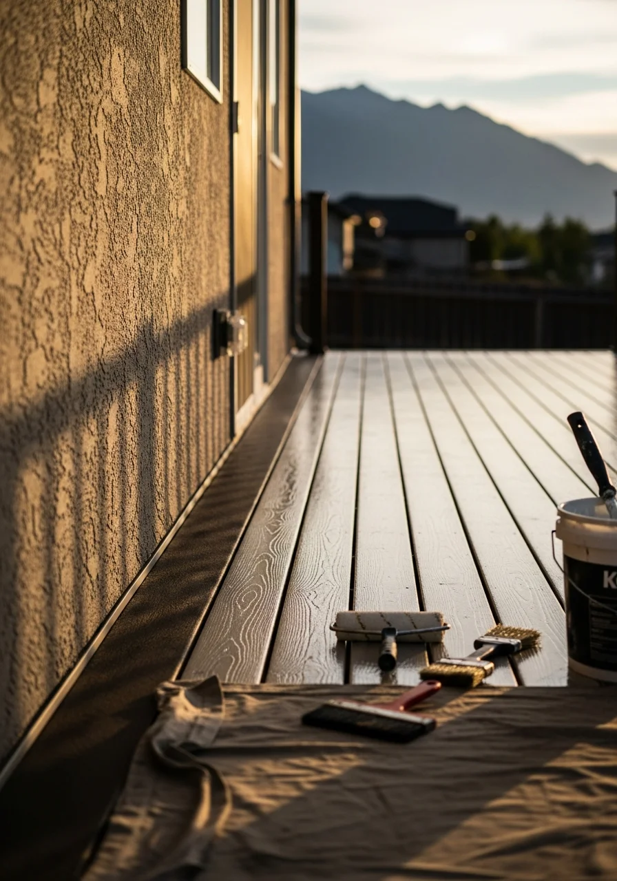 Professional deck coating application on Holladay home patio with mountain views