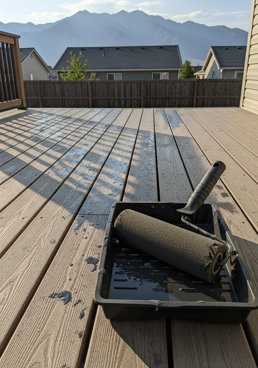 Waterproof deck coating application on Layton home with Wasatch Mountains in background