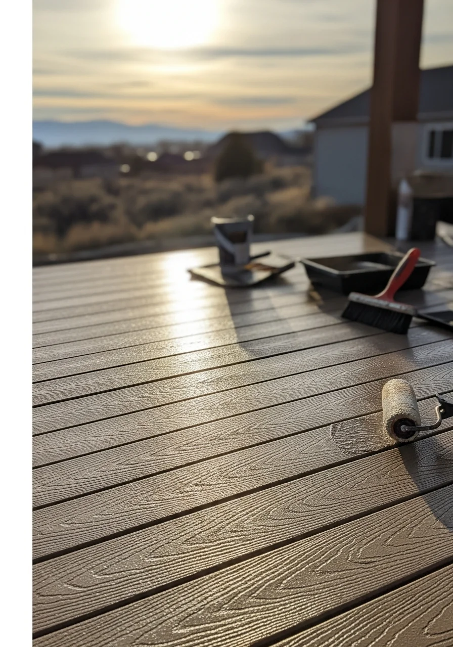 Professional deck coating application on a residential patio in Lehi Utah