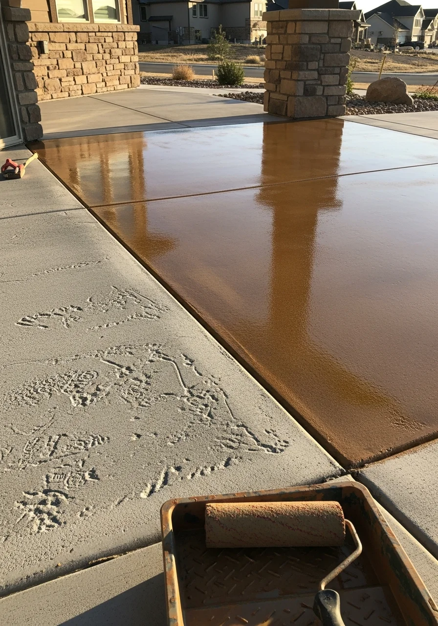 Close-up of durable epoxy deck coating application on concrete patio in Pleasant Grove home