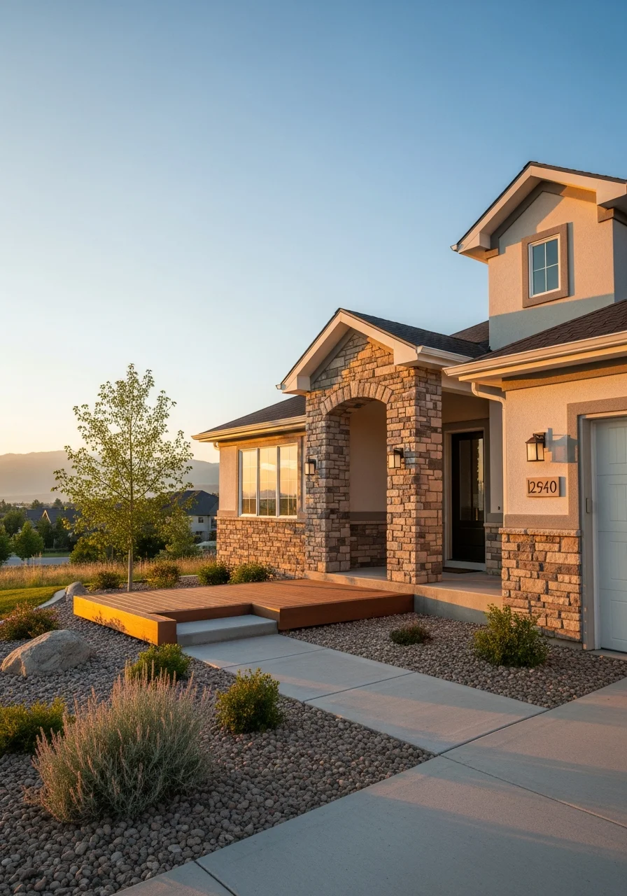 Close-up of a Provo home's front exterior showing modern finishes and well-maintained landscaping.