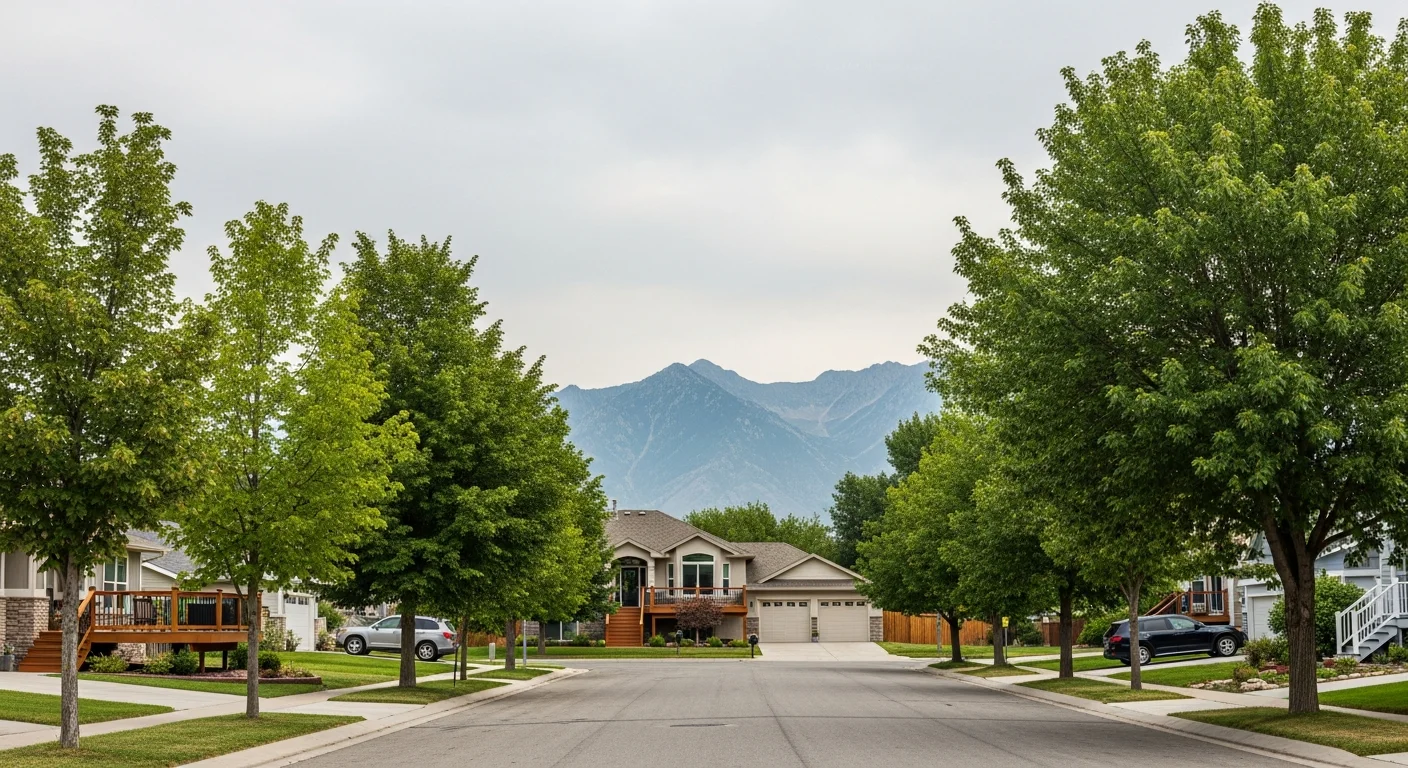 Salt Lake City residential street with tree-lined sidewalks, mountains visible in the distance, and well-maintained homes.