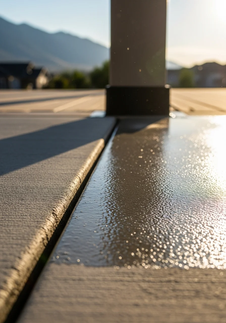 Close-up of waterproof epoxy deck coating protecting concrete surface from Utah weather elements