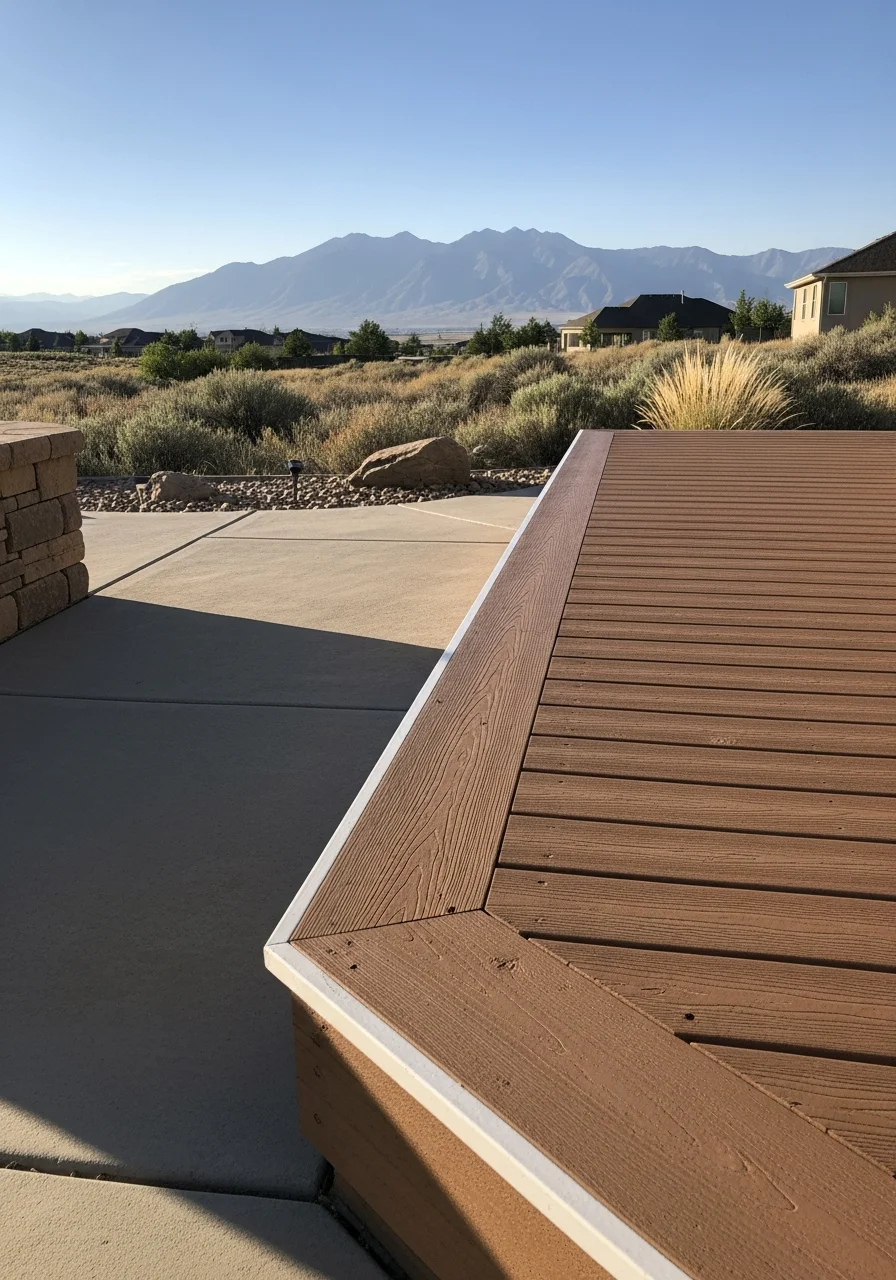 Modern South Jordan home with protected patio and deck coating near Oquirrh Mountains