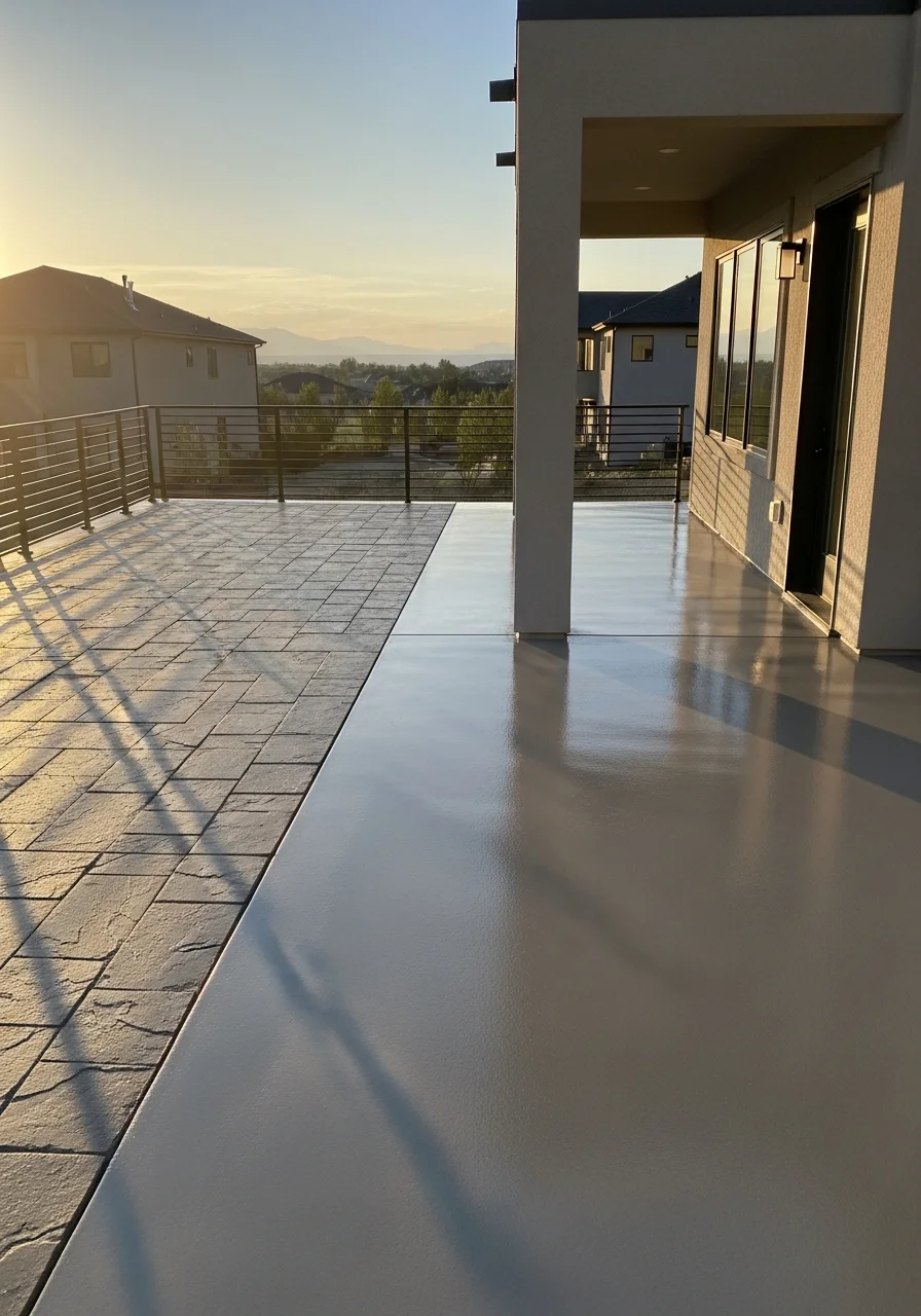 Finished waterproof epoxy deck coating on modern patio in Syracuse, UT