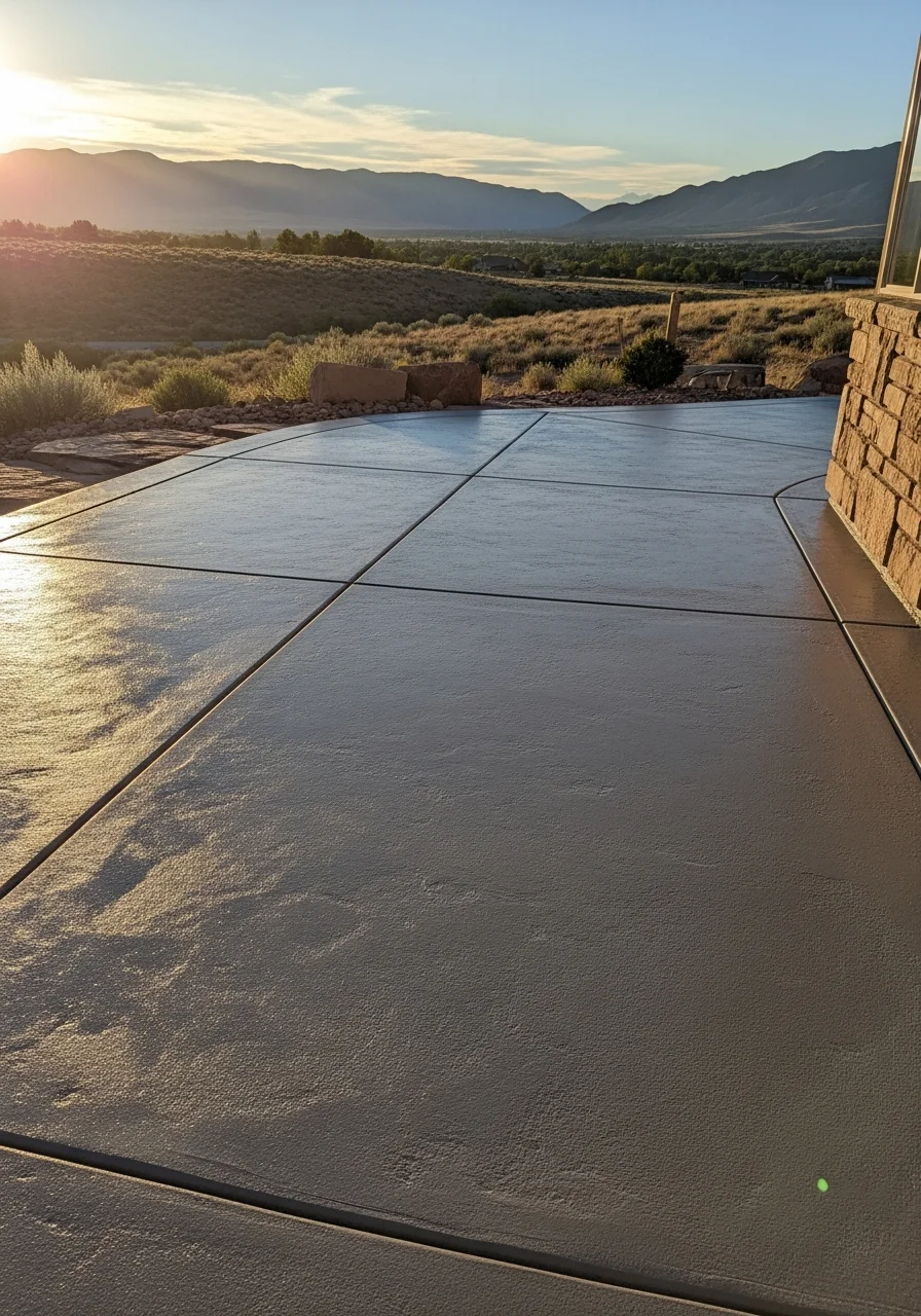 Utah Deck Coatings applying epoxy coating to concrete patio in Vineyard Utah