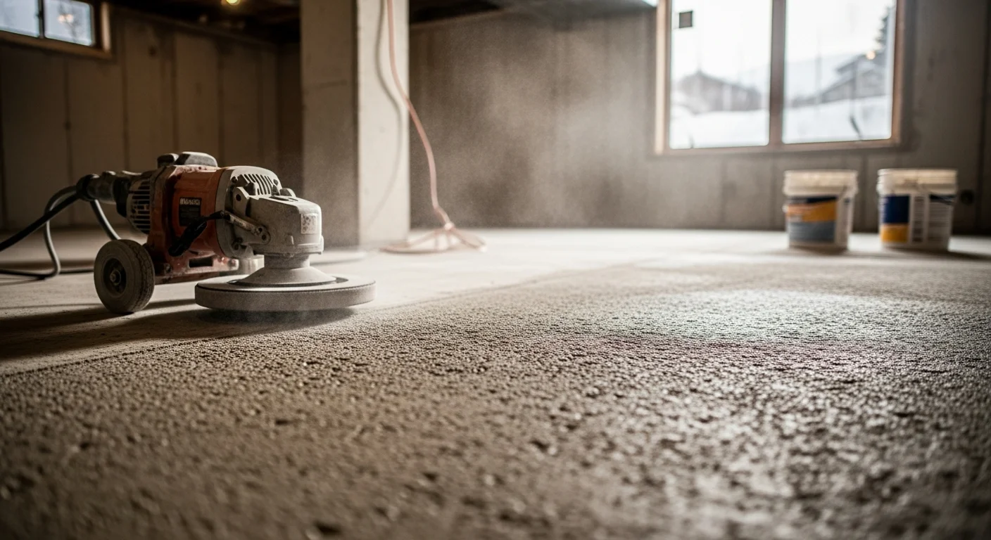 Freshly coated concrete basement floor in a Park City home, showing a smooth, light-reflective surface in a below-grade space with concrete block walls. The finished floor is clean and even, suitable for storage or living use in a mountain-climate home.
