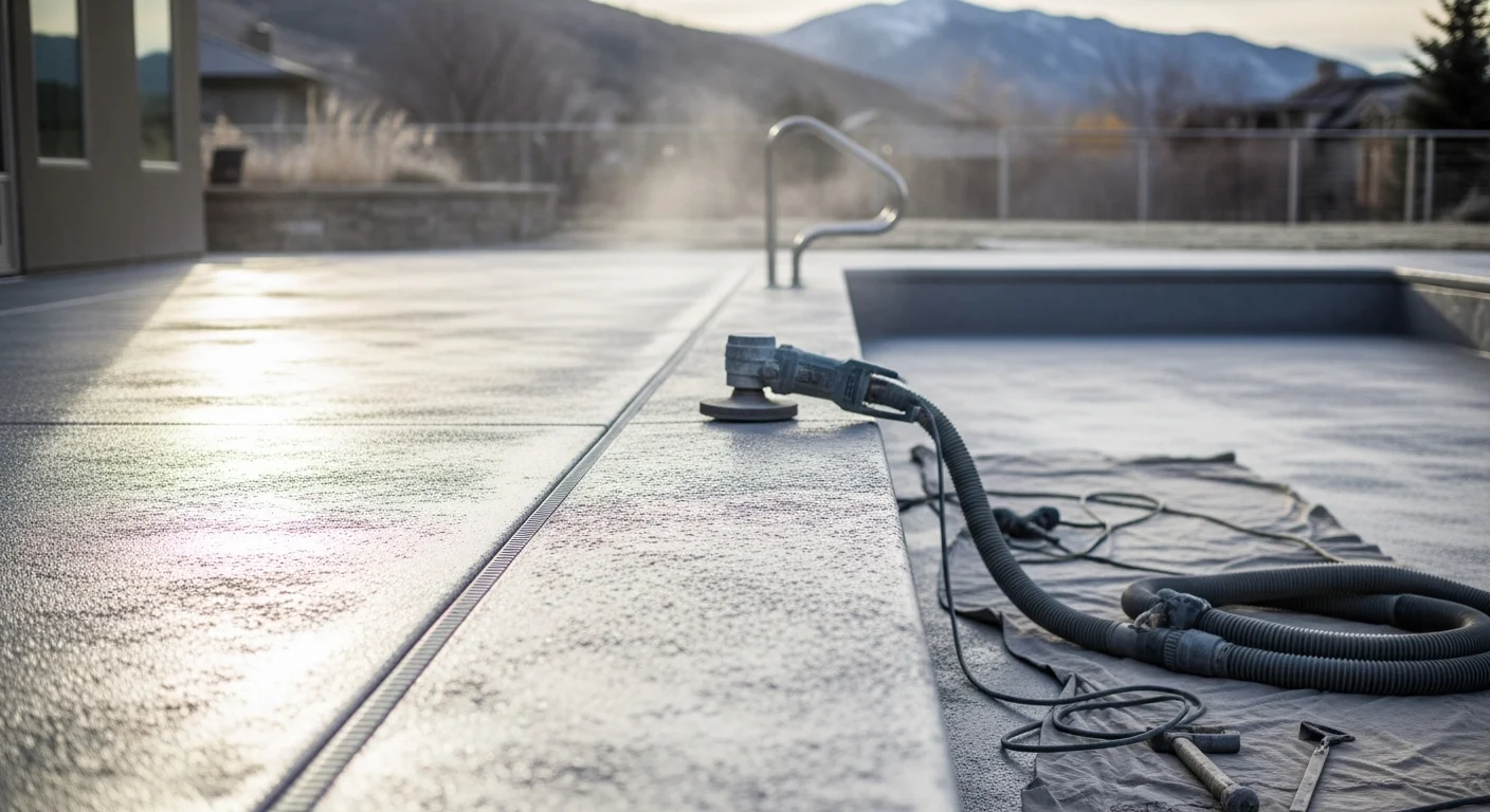 A freshly coated cement deck on a Park City residential property, showing a smooth, textured surface with a clean finish on an outdoor patio area surrounded by mountain terrain.