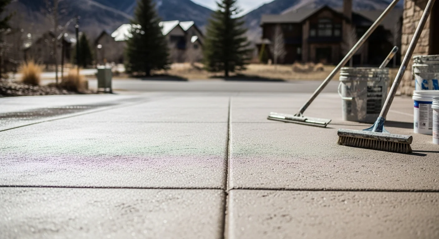 A freshly applied decorative concrete overlay on a residential driveway in Park City, Utah, showing a smooth, uniform finish with clean edges. The surface displays a textured pattern that covers previous cracking and staining on the original slab.