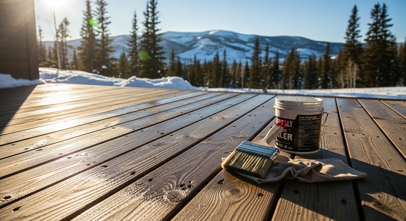 A freshly sealed wood deck on a Park City home with a mountain backdrop, showing even coating across the boards and no visible weathering or graying. Close-up view highlights the smooth, protected surface after professional waterproofing service by Deyco Holdings.