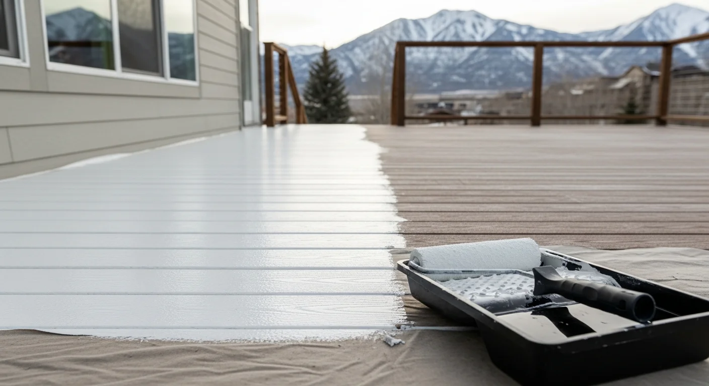 A freshly coated residential deck in Park City, Utah, showing a smooth, textured waterproof surface on an elevated wood deck surrounded by mountain terrain. Close-up view highlights the sealed surface finish applied by Utah Deck Coatings deck coating services.