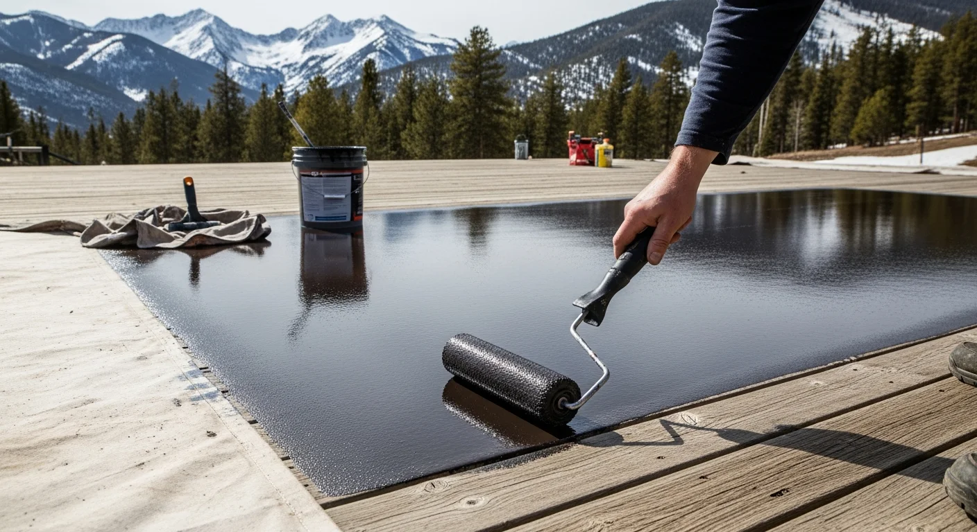 A freshly coated residential deck in Park City, Utah showing a smooth, uniform elastomeric surface finish with visible slip-resistant texture. Snow-capped mountain terrain is visible in the background, reflecting the high-elevation environment the coating is designed to protect against.