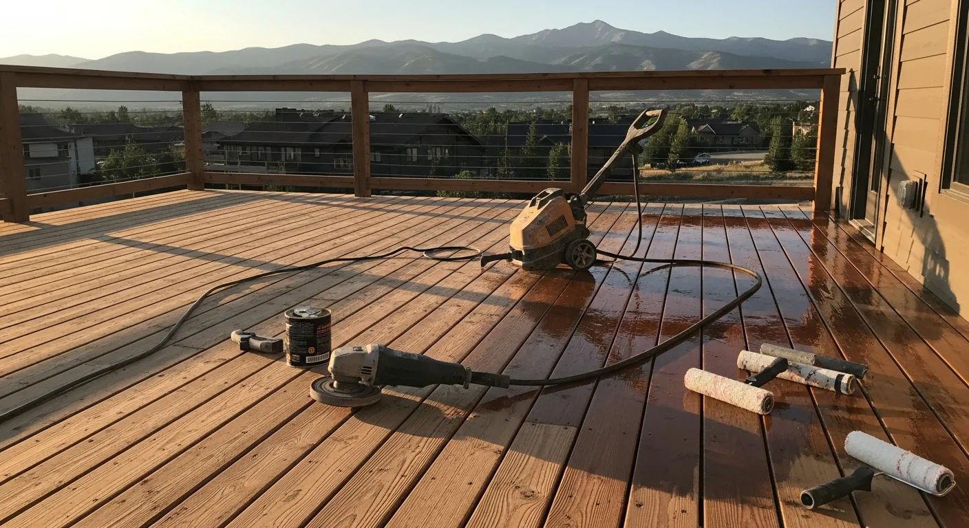 A freshly epoxy-coated residential deck in Park City, Utah, showing a smooth, sealed surface with a clean finish against a mountain backdrop. The coating covers the full deck area evenly, with no visible cracks or surface wear.
