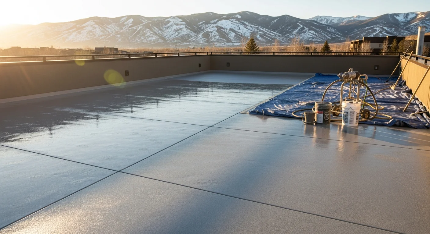 A freshly coated residential deck in Park City, Utah showing a smooth, seamless polyurea surface with a slip-resistant texture. Snow-dusted mountain terrain is visible in the background, reflecting the high-elevation environment the coating is designed to withstand.