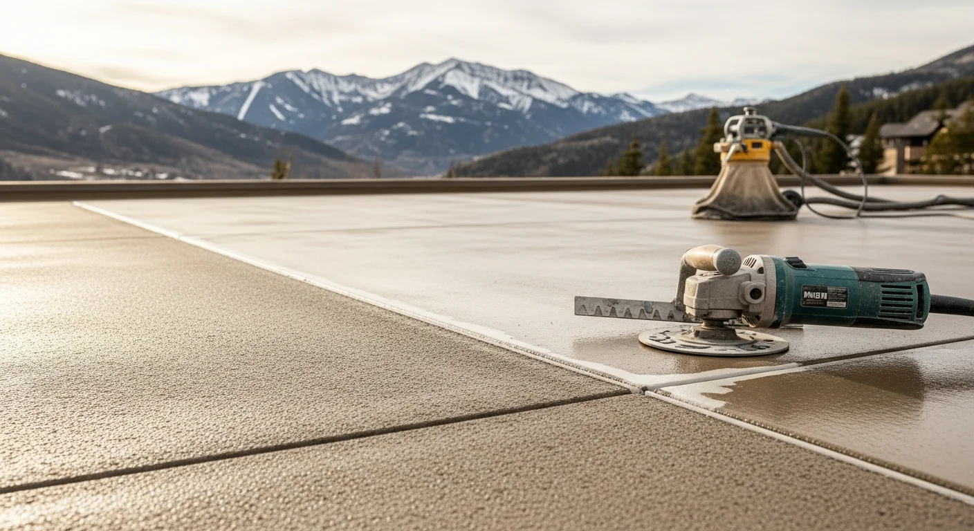 A freshly installed waterproof deck overlay on a second-story residential deck in Park City, Utah, showing a smooth, slip-resistant surface with clean edges and no visible cracking or water damage. Snow-dusted mountain terrain is visible in the background, reflecting the high-elevation environment the coating is built to withstand.